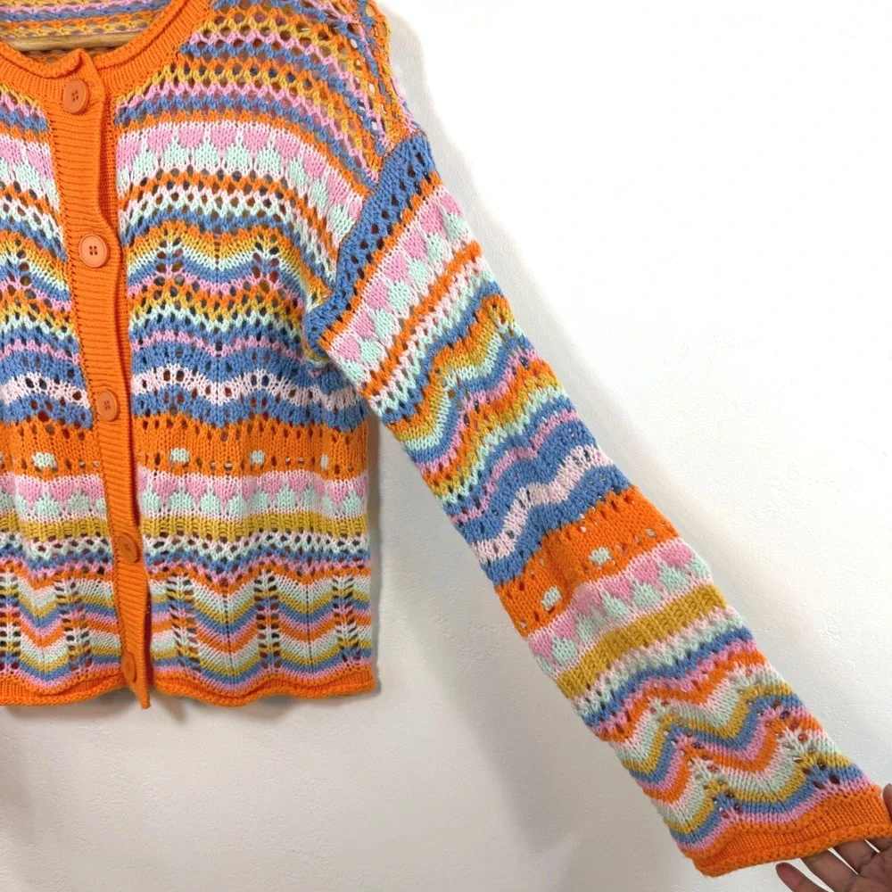 Rainbow Crochet Knit‎ Cardigan Orange Blue Chevron Boho Festival Summer Sz S / M